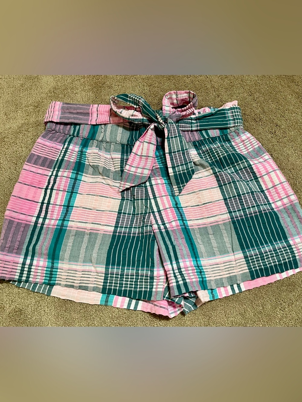 Vineyard Vines High-Waist Plaid Shorts in Pink & Teal